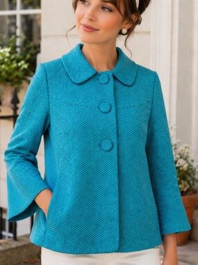 Ann Taylor Teal Cropped Jacket | Peter Pan Collar | Coquette Twee Blazer | Sz 8